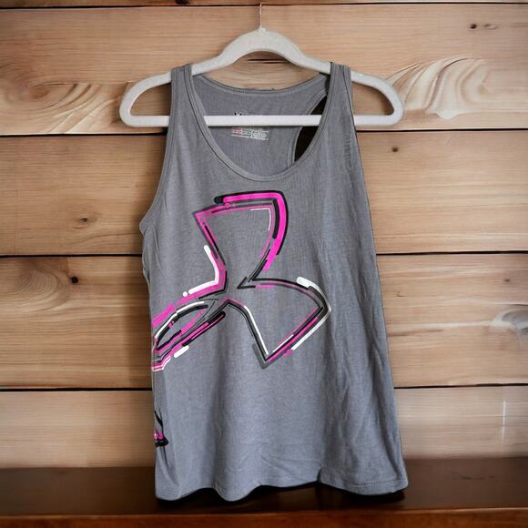 Under Armour Girls Tank Top Sz M Gray Big Logo Loose Fit Heat Gear Slub Knit - Picture 4 of 6